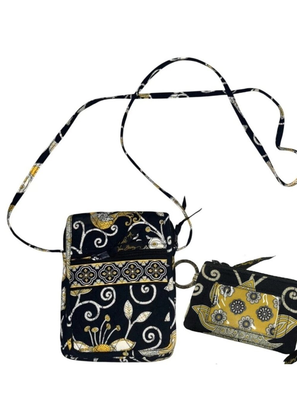 VERA BRADLEY Top Zip ID Key Fob Coin Card Pouch Yellow Bird Black & Multi Floral